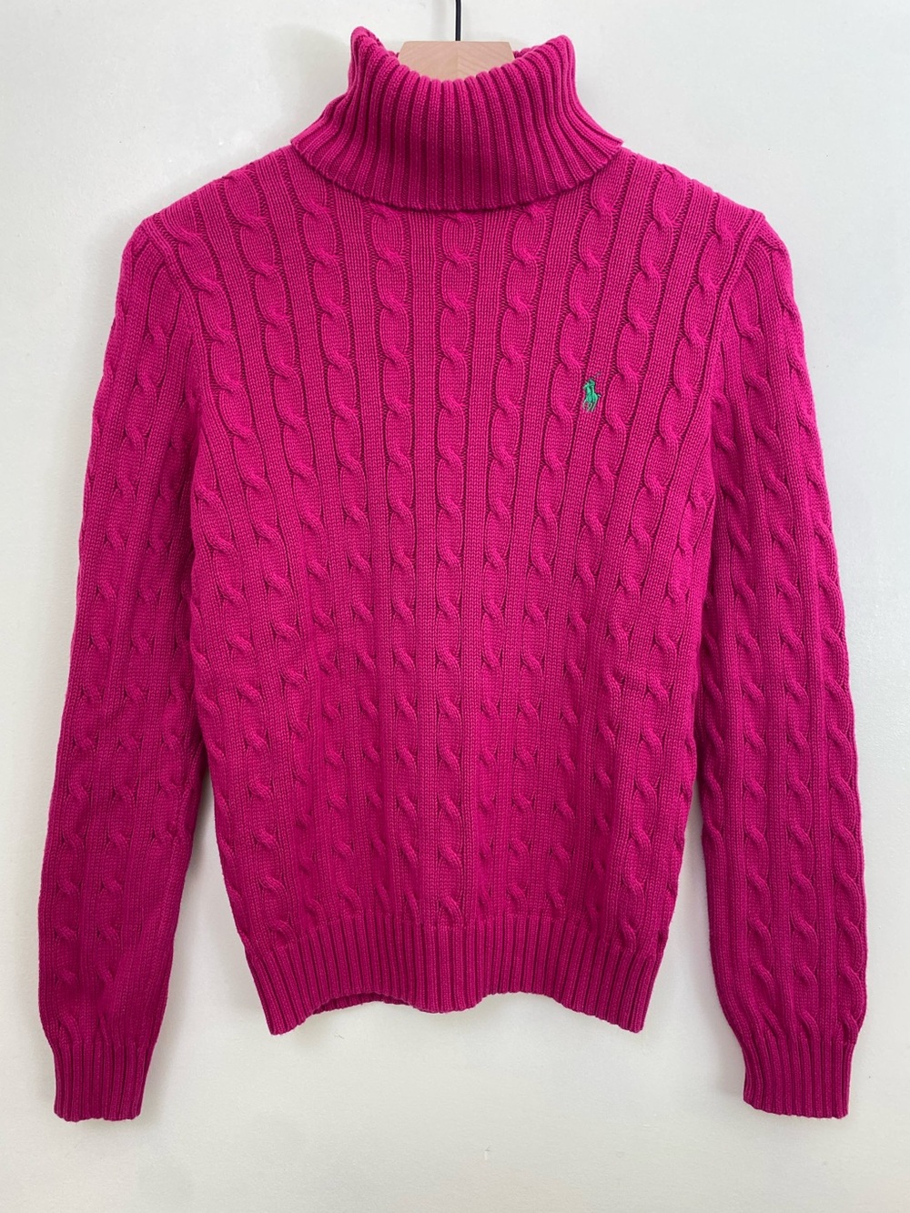 Ralph Lauren Sport Cable Knit Turtleneck Sweater Large L Hot Pink Green Pony